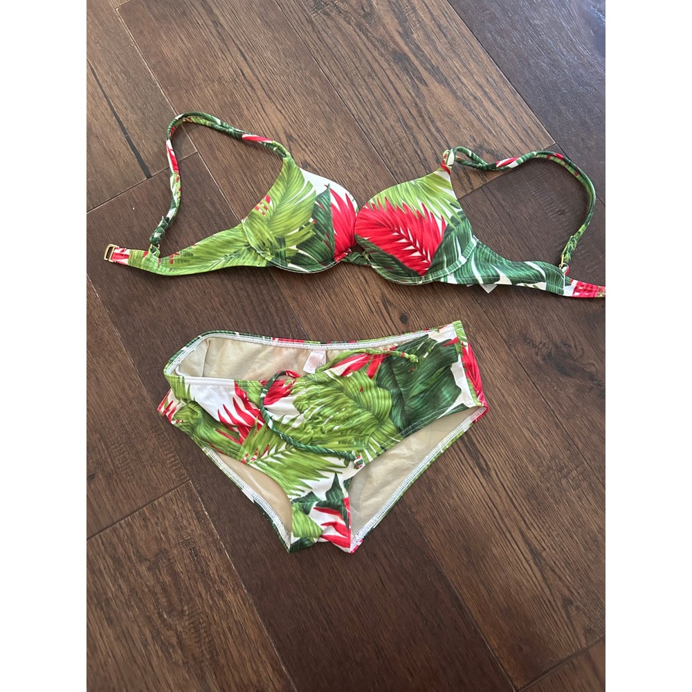 Victoria's Secret Tropical Palm Print Bikini Set Push Up Top 34B Small Bottoms